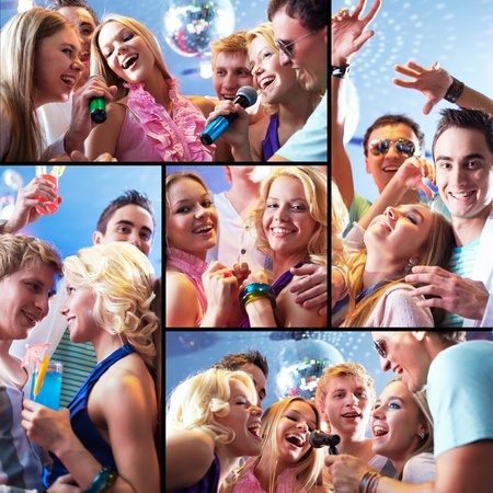 A collage of people enjoying a karaoke night, singing, and socializing in a festive atmosphere.