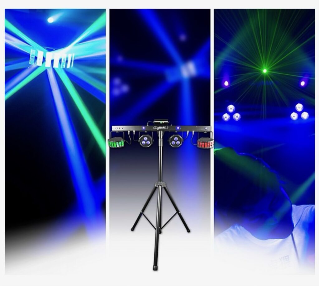 A collage of three images showcasing dj equipment and light effects: vivid blue lighting from stage lights, a close-up of a dj mixer on a stand, and a silhouette of a person djing under green laser lights.