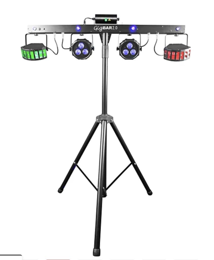 Portable stage lighting setup with led par lights and effects on a tripod stand.