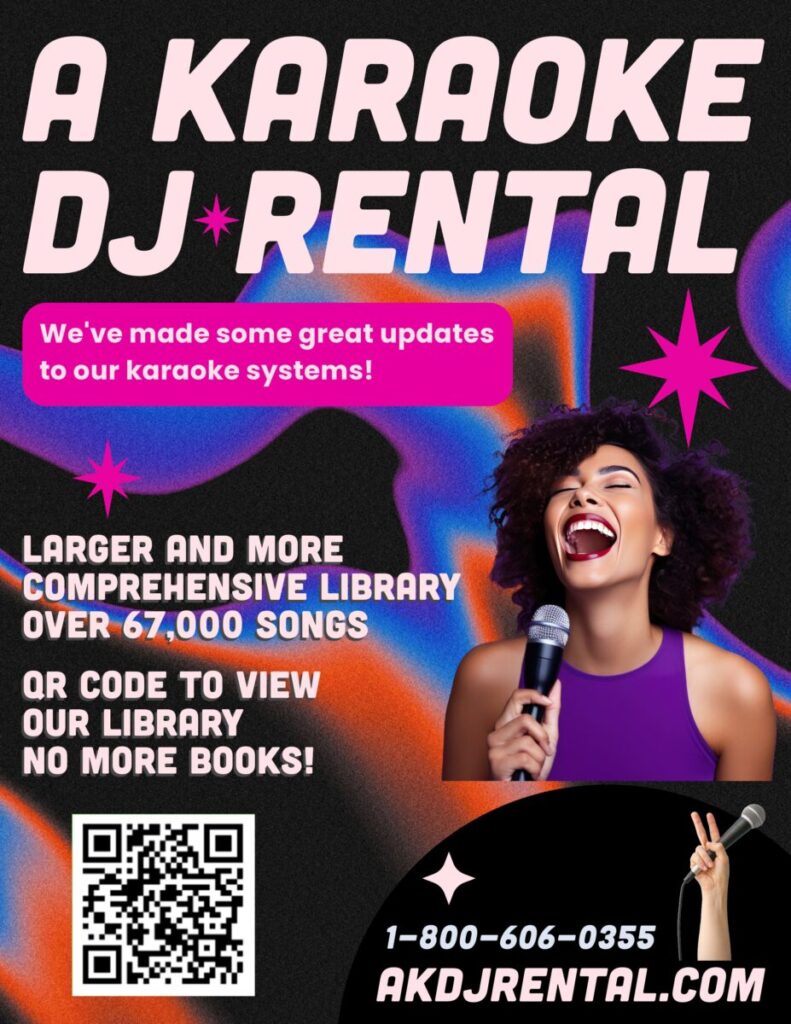 Promotional flyer for a karaoke dj rental service, highlighting new updates and a large music library, with a qr code for more information.